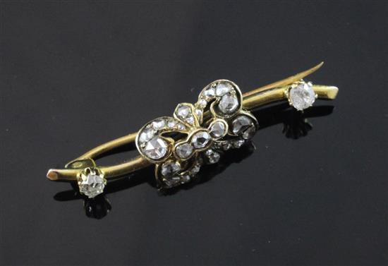 A Victorian gold and diamond bar brooch, 1.5in.